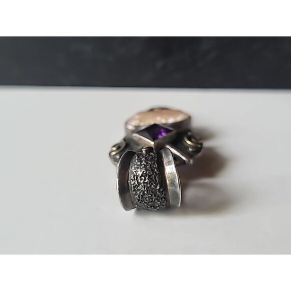 925 Sterling Silver Amethyst Pearl Pendant Vintage - Picture 4 of 10